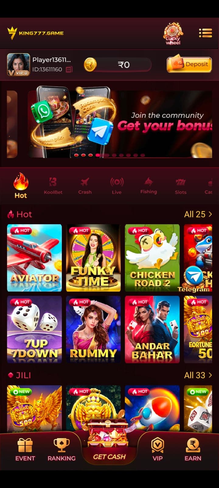 King 777 game lobby showing several mobile game categories